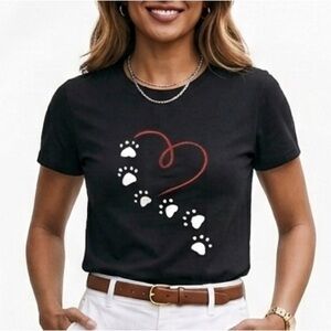 Black T-Shirt with Red Heart and Paw Prints Size Large